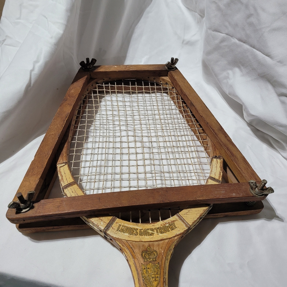 Vintage Wooden Sears Ladies Gold Trophy Tennis Racket with Press - Picture 4 of 9